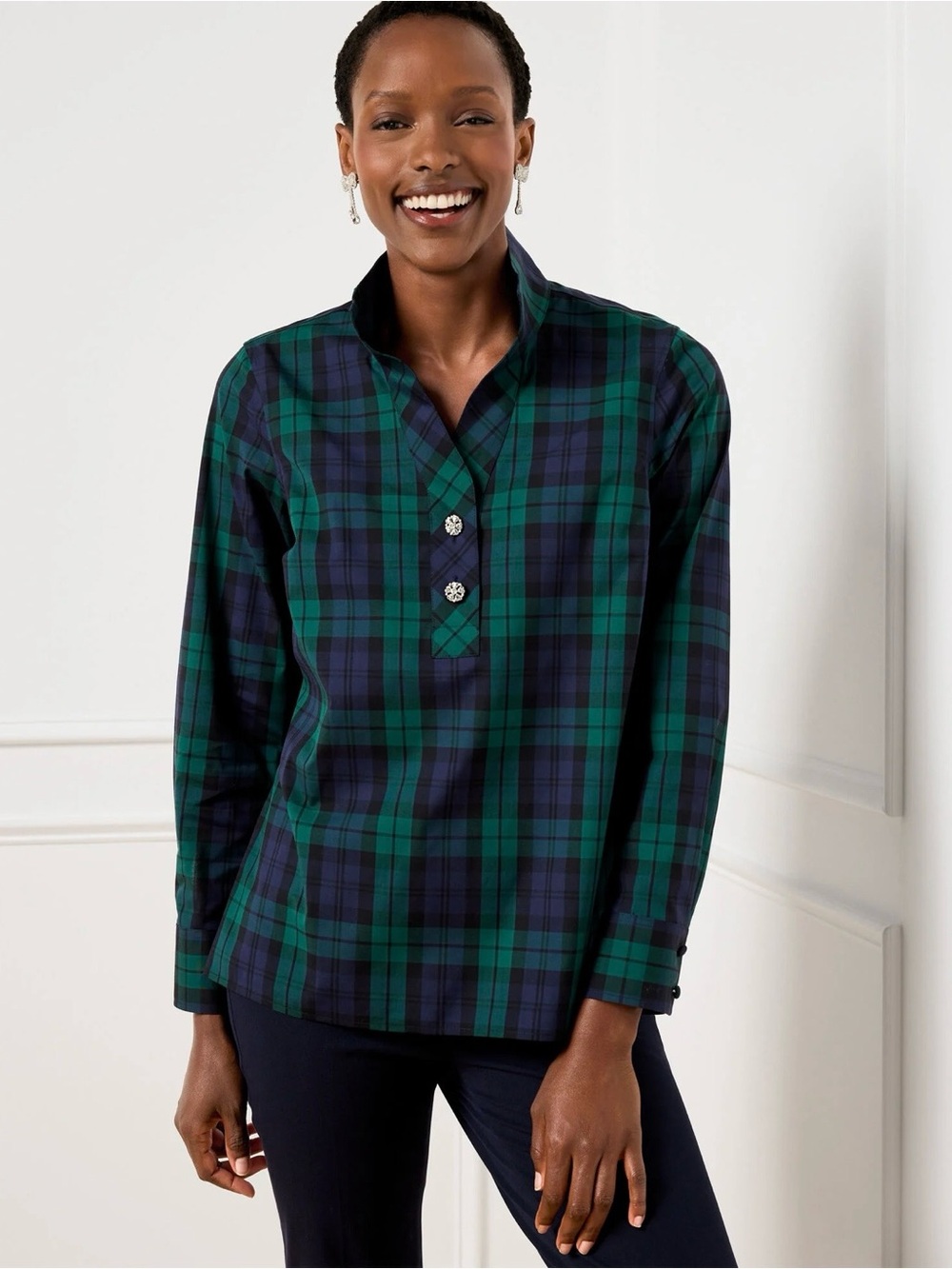 Talbots Non-Iron Popover Blouse in Black Watch Tartan  Plaid Size 2X Plus